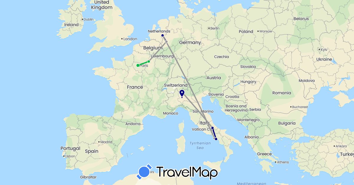 TravelMap itinerary: driving, bus, plane in Germany, France, Italy (Europe)